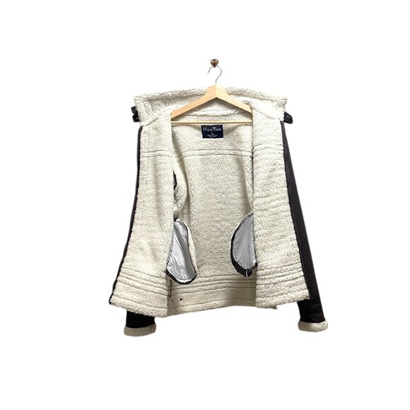 Han Ton Mens High Neck Faux Shearling Bomber Jacket Brown Size L Minimalist Warm - Picture 9 of 13